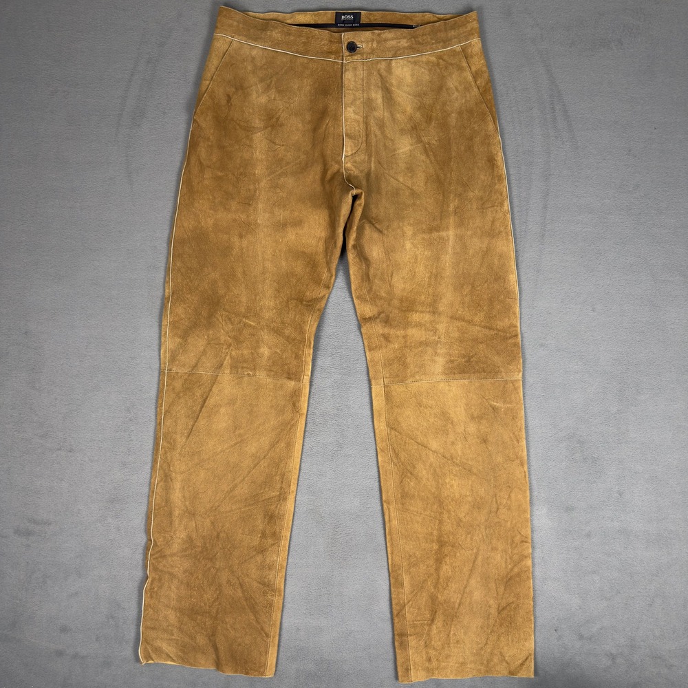 Hugo Boss Italian Goat Suede Pants Mens 33x32 Camel Tan Straight Leg Leather